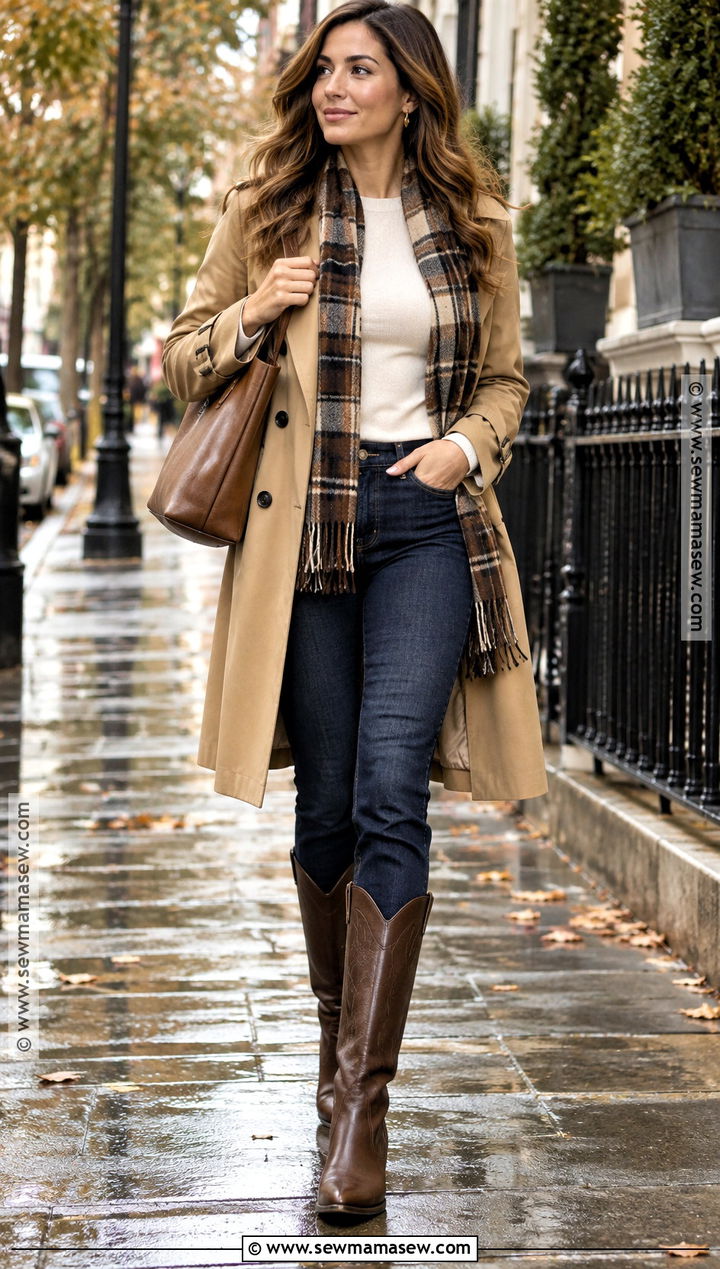 Western Boots With Trench Coat And Jeans - 20 western boots outfit fall