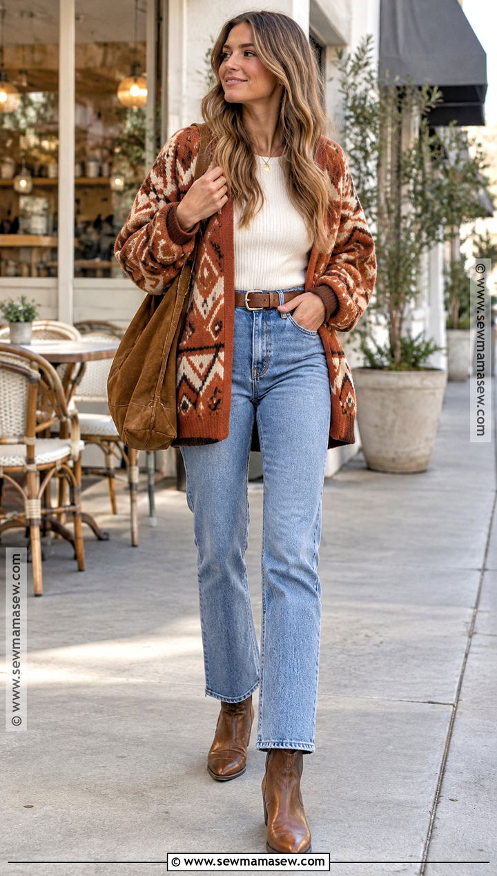 Western Cardigan and Straight Jeans Outfit - 20 Cute Western Fall Outfits
