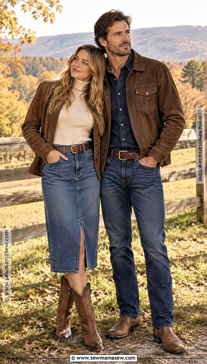 Western Denim and Brown Boot Couple Outfit - 25 matching fall outfits for couples
