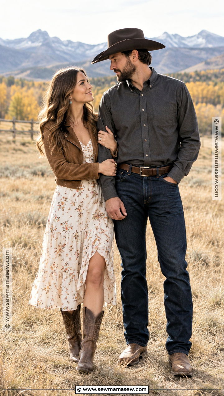 Western Dress And Cowboy Boots Engagement Photo Outfit - 15 engagement photo fall outfits