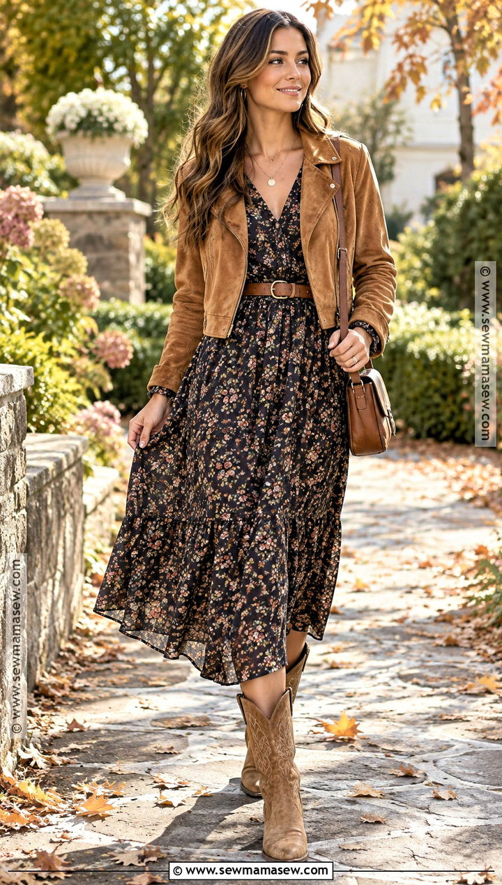Western Fall Outfit With Floral Midi Dress - 25 western fall outfits