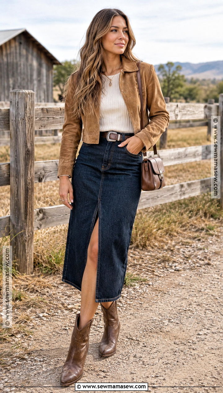 Western Fall Outfit With a Denim Skirt - 25 fall outfit inspo aesthetic ideas
