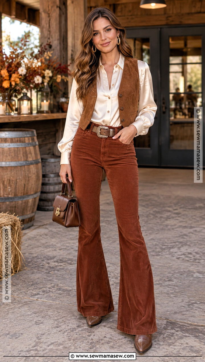 Western Fall Party Outfit With Corduroy And Cowboy Boots - 15 Western Outfits Women Fall Party