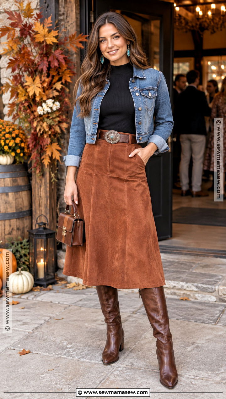 Western Fall Party Outfit With Suede Midi Skirt - 15 Western Outfits Women Fall Party