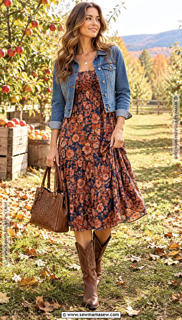 Western Floral Midi Dress and Cowboy Boots Outfit - 20 Cute Western Fall Outfits