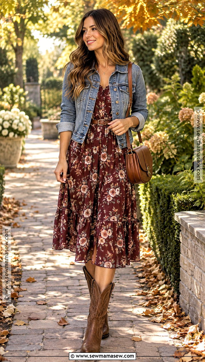 Western Floral Midi Dress and Denim Jacket Outfit - 15 Western Inspired Fall Outfits