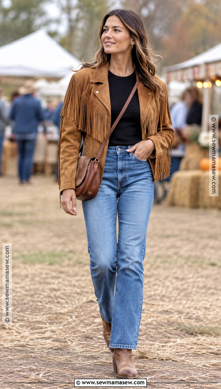 Western Fringe Jacket and Straight Leg Jeans Outfit - 15 Western Inspired Fall Outfits