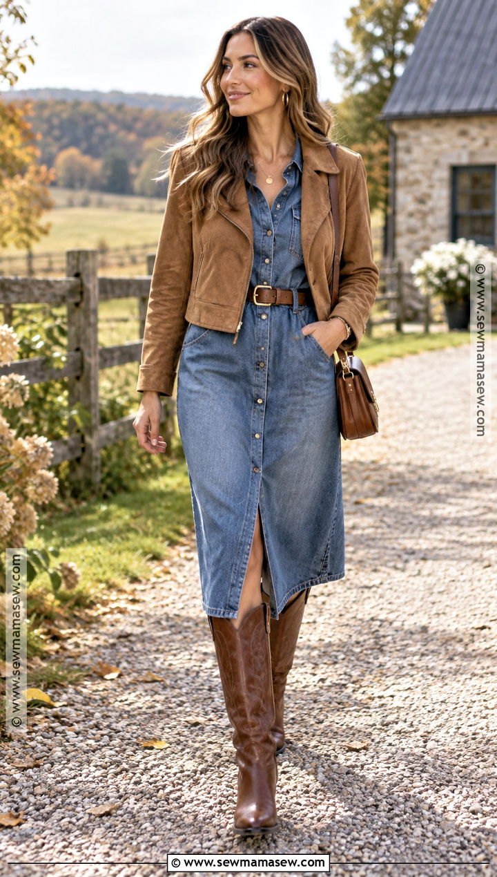 Western High Boots With A Denim Dress - 20 fall high boots outfit