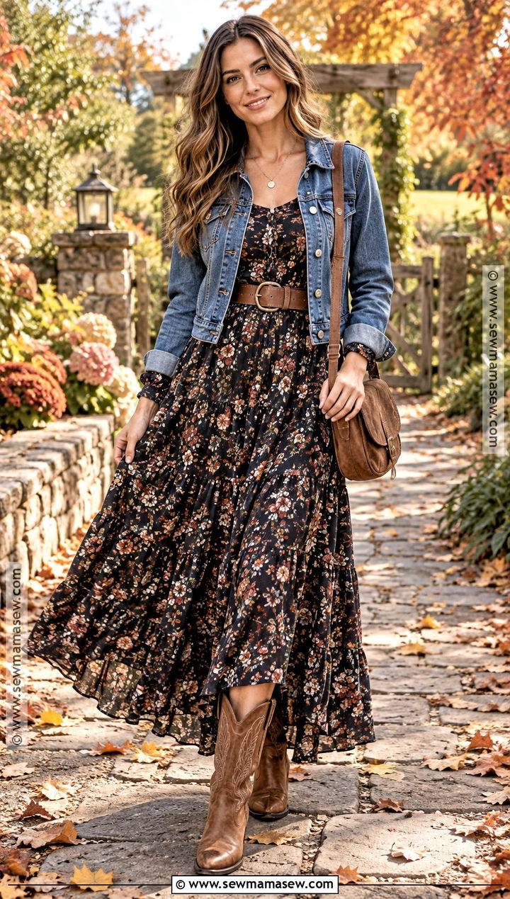 Western Maxi Dress and Denim Jacket Outfit - 20 Cute Western Fall Outfits