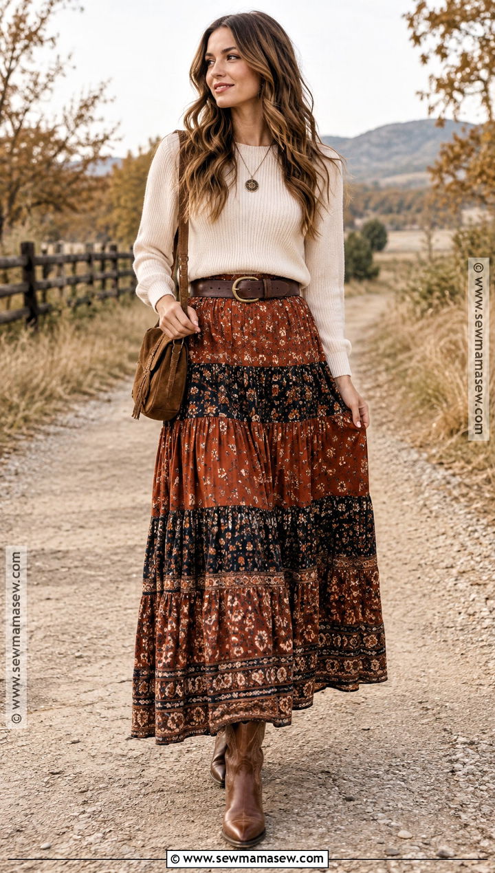 Western Maxi Skirt and Knit Sweater Outfit - 15 Western Inspired Fall Outfits