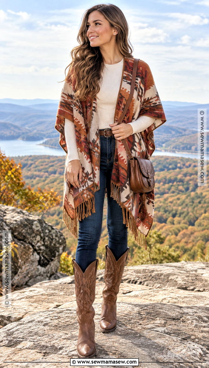 Western Poncho and Skinny Jeans Outfit - 20 Cute Western Fall Outfits