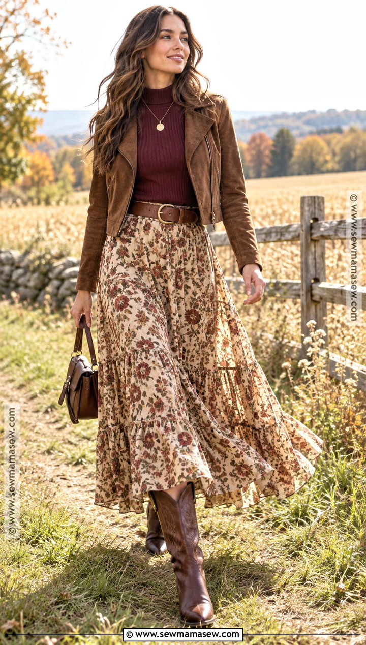 Western Prairie Skirt and Fitted Knit Outfit - 20 Cute Western Fall Outfits