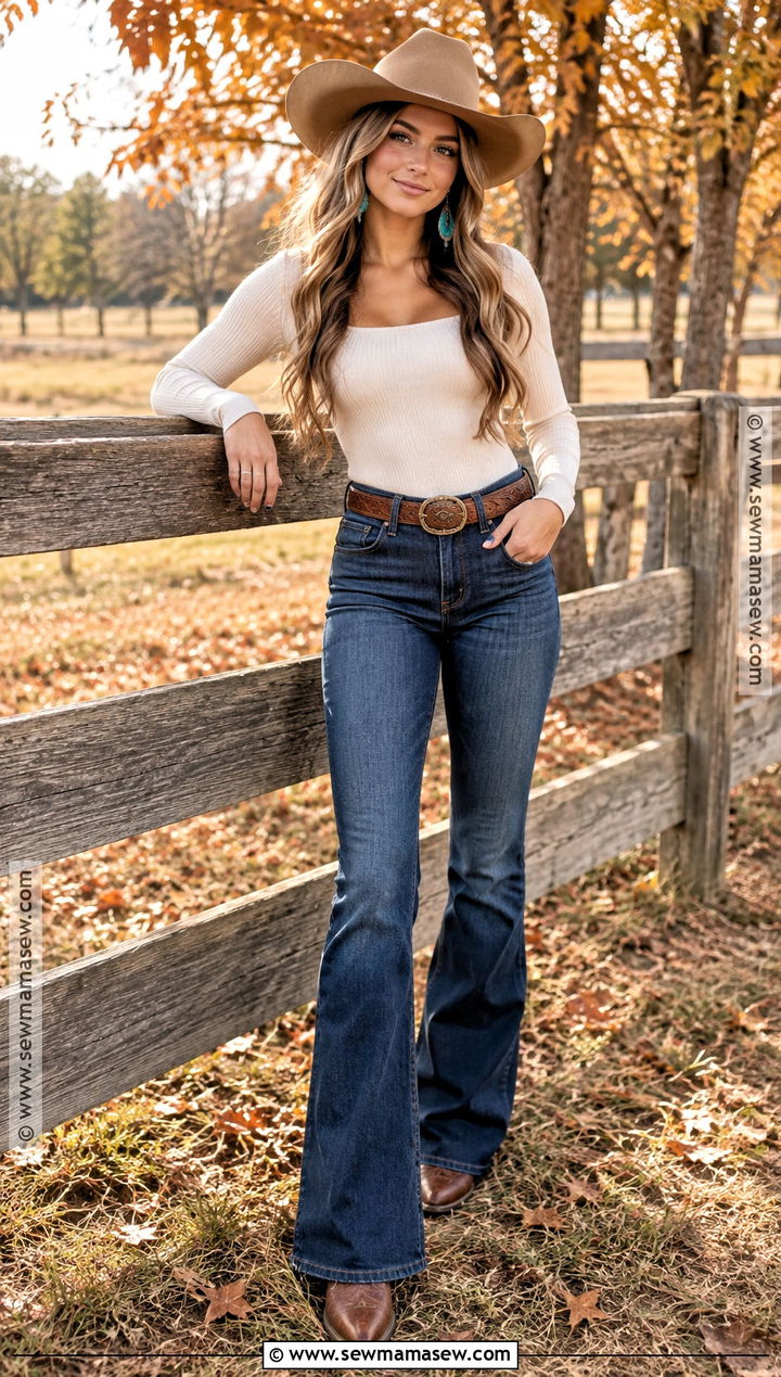 Western Senior Picture Outfit With Flare Jeans - 15 Western Senior Pictures Outfit Fall Ideas