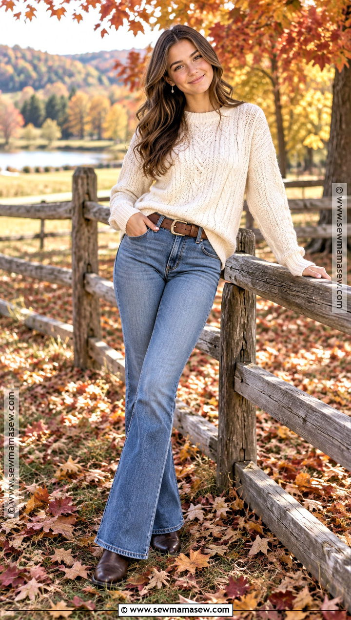 Western Senior Picture Outfit With a Cream Sweater - 15 Western Senior Pictures Outfit Fall Ideas