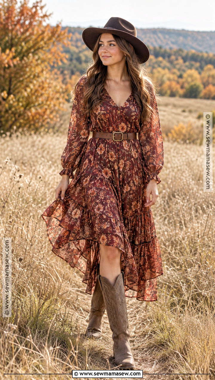 Western Senior Picture Outfit With a Floral Midi Dress - 15 Western Senior Pictures Outfit Fall Ideas