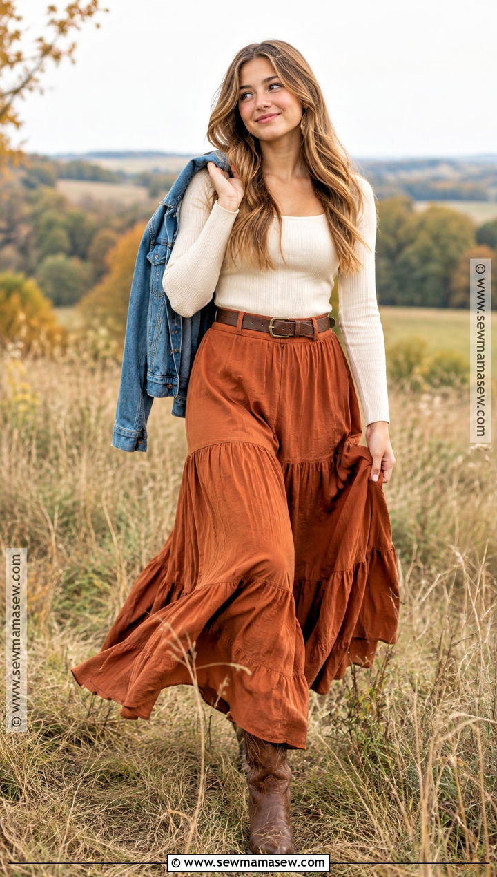 Western Senior Picture Outfit With a Maxi Skirt - 15 Western Senior Pictures Outfit Fall Ideas