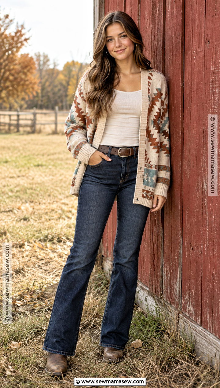 Western Senior Picture Outfit With an Aztec Cardigan - 15 Western Senior Pictures Outfit Fall Ideas