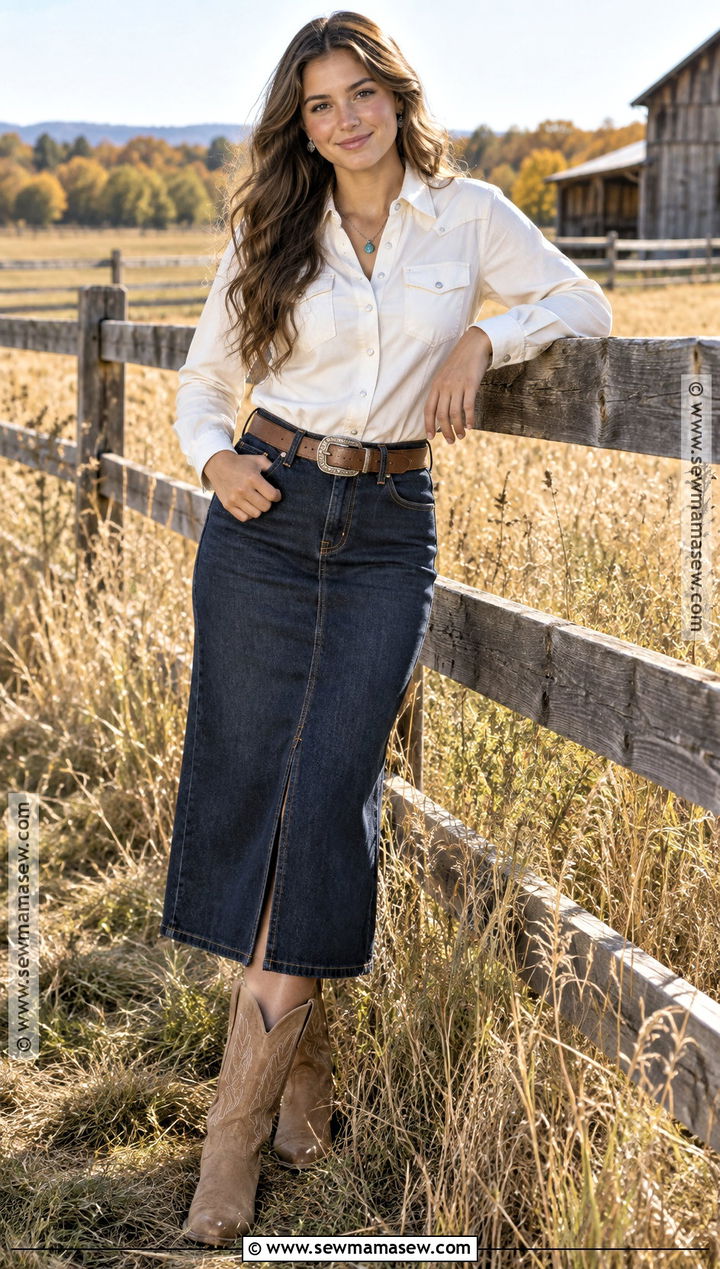 Western Shirt And Denim Skirt Fall Senior Picture Outfit - 20 Fall Senior Picture Ideas Outfits