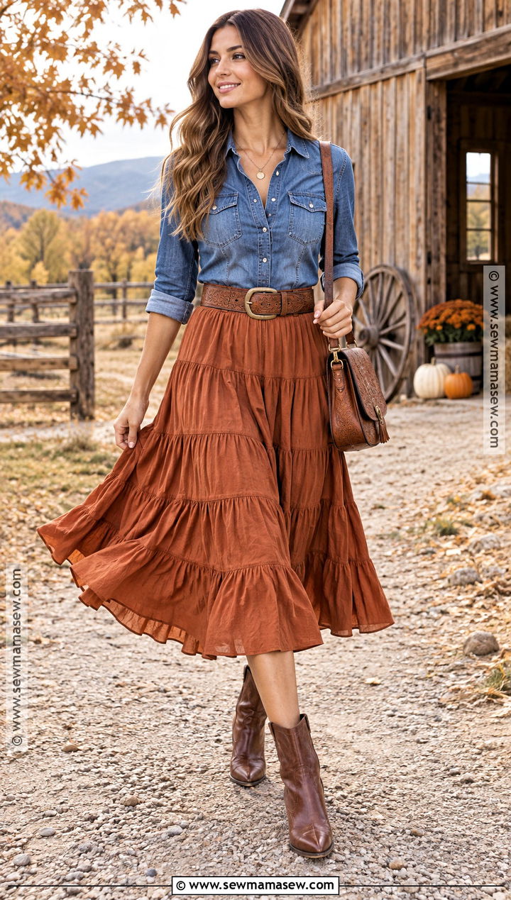 Western Shirt And Tiered Skirt Fall Boho Outfit - 25 fall boho outfits