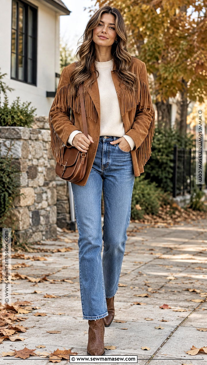 Western Suede Fringe Jacket and Straight Jeans Outfit - 20 Cute Western Fall Outfits