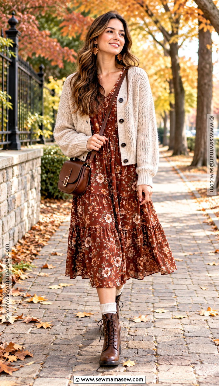 Whimsical Fall Floral Midi Dress Outfit - 20 Fall Outfits Whimsical