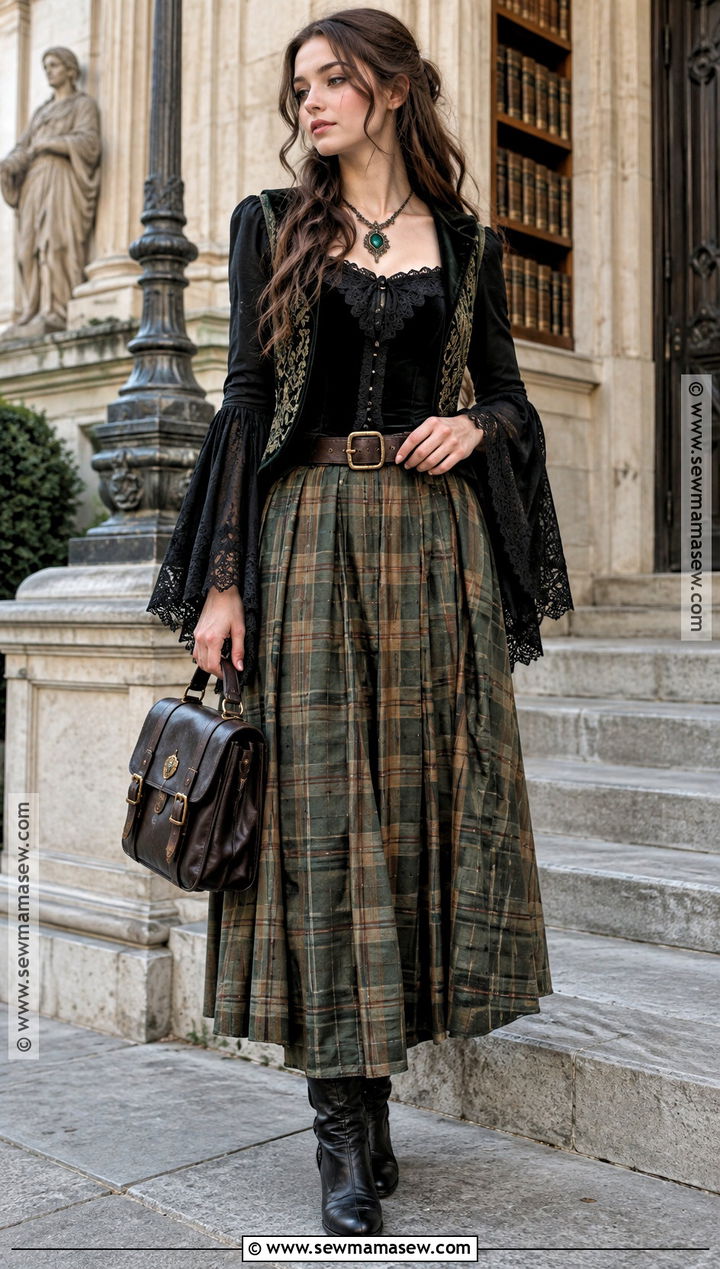 Whimsygoth Bell Sleeve Blouse And Plaid Skirt Outfit - 15 Whimsygoth Fall Outfits
