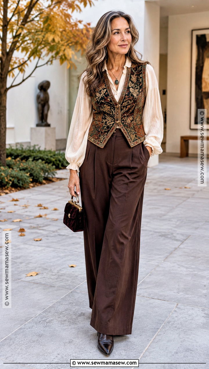Whimsygoth Embroidered Vest And Wide Leg Pants Outfit - 15 Whimsygoth Fall Outfits