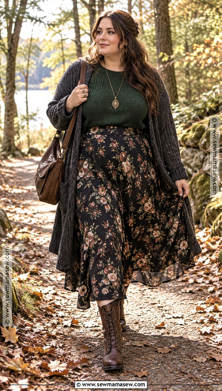 Whimsygoth Green Sweater And Floral Skirt Outfit - 15 Whimsygoth Fall Outfits