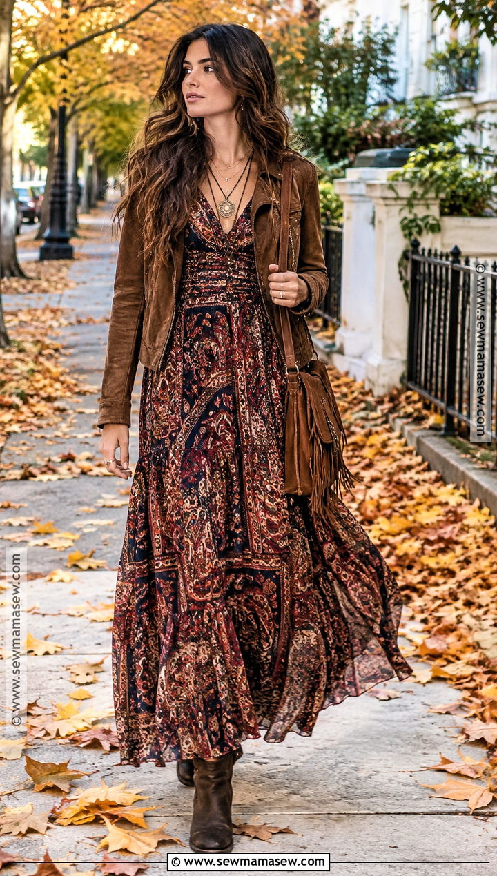 Whimsygoth Paisley Dress And Suede Jacket Outfit - 15 Whimsygoth Fall Outfits