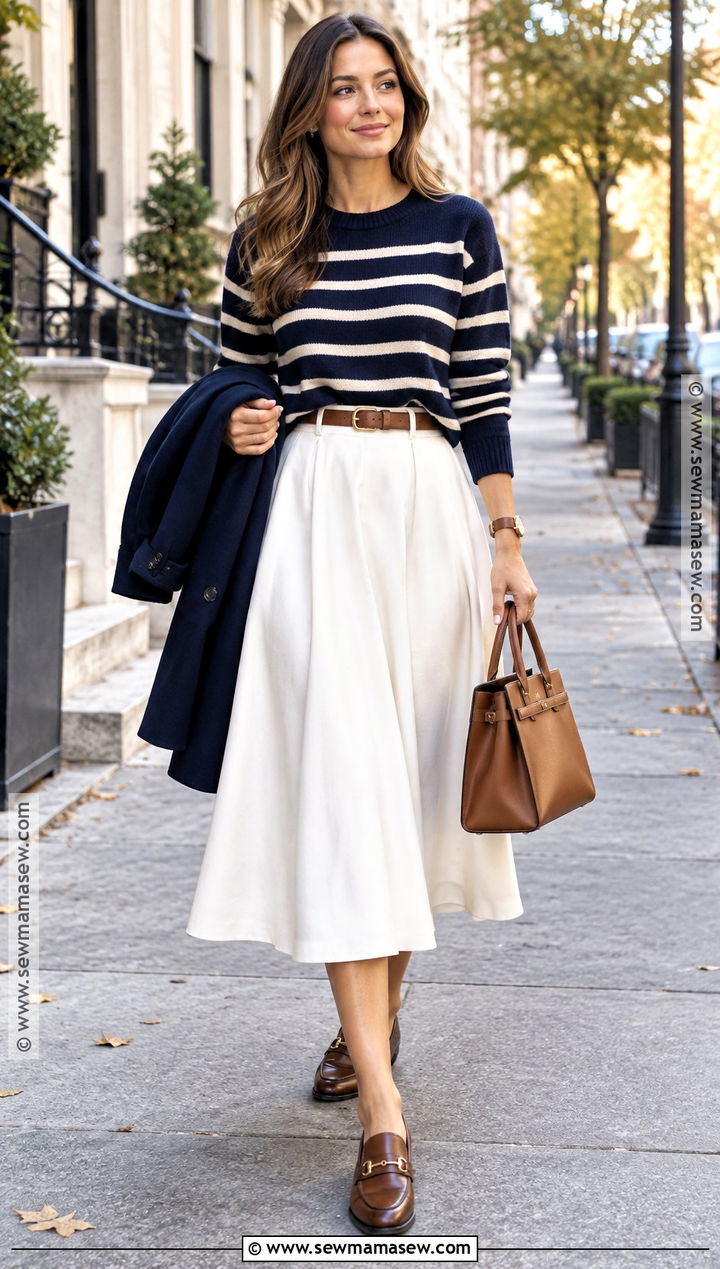 White A Line Skirt With Striped Sweater - 20 fall white skirt outfits