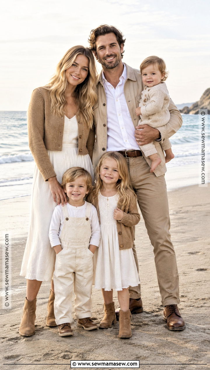 White And Khaki Layered Fall Beach Family Photo Outfits - 20 fall beach family photos outfits