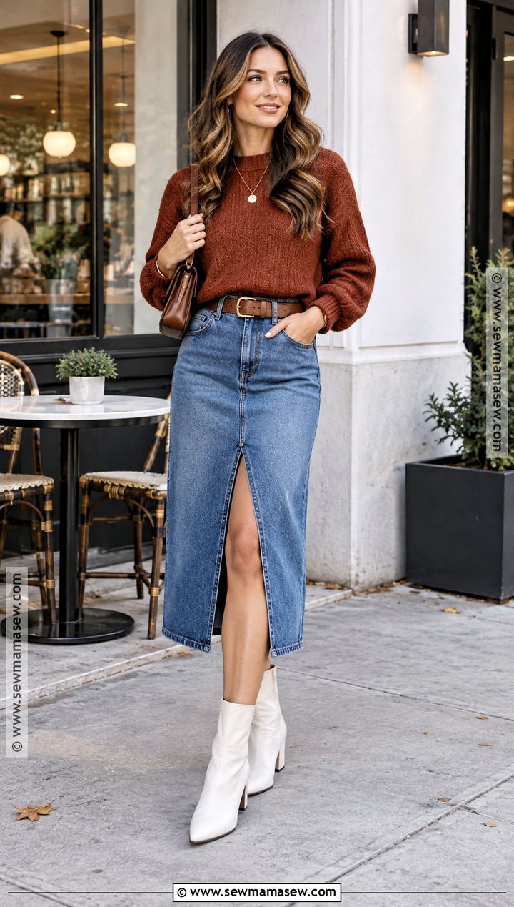 White Ankle Boots With Denim Midi Skirt And Sweater - 20 Fall Outfits White Boots
