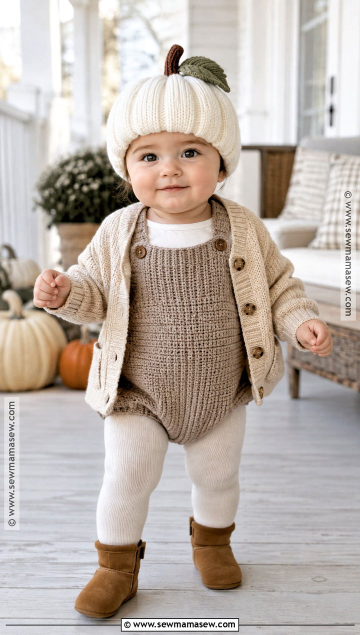 White Baby Pumpkin Hat With Taupe Outfit - 20 baby pumpkin hat ideas