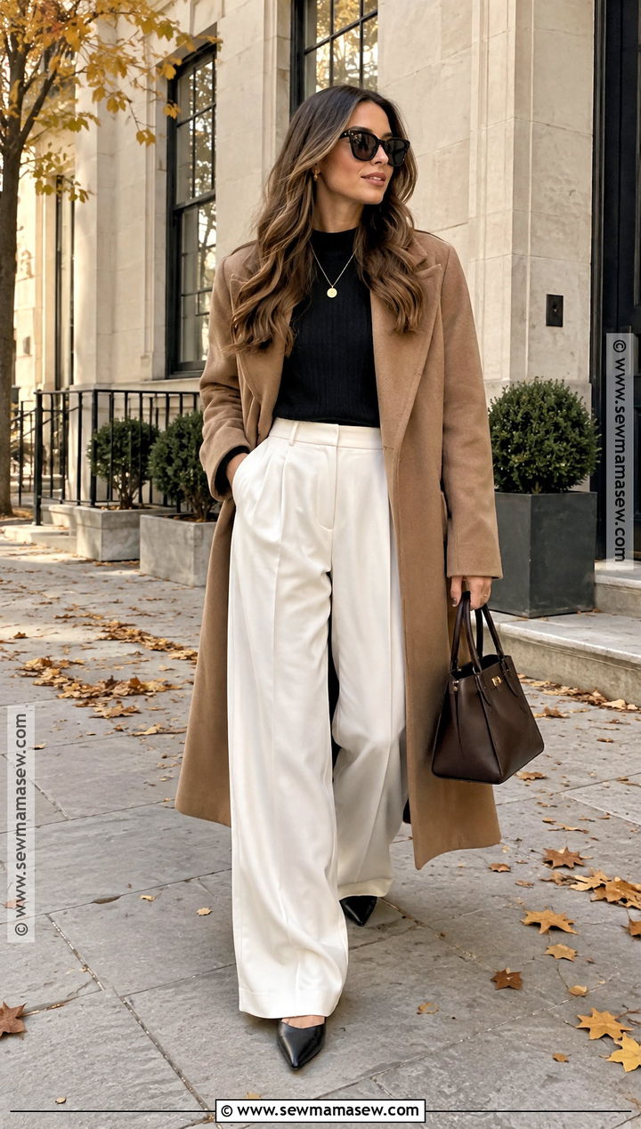 White Baggy Pants With Camel Coat And Flats - 15 Fall Baggy Pants Outfit
