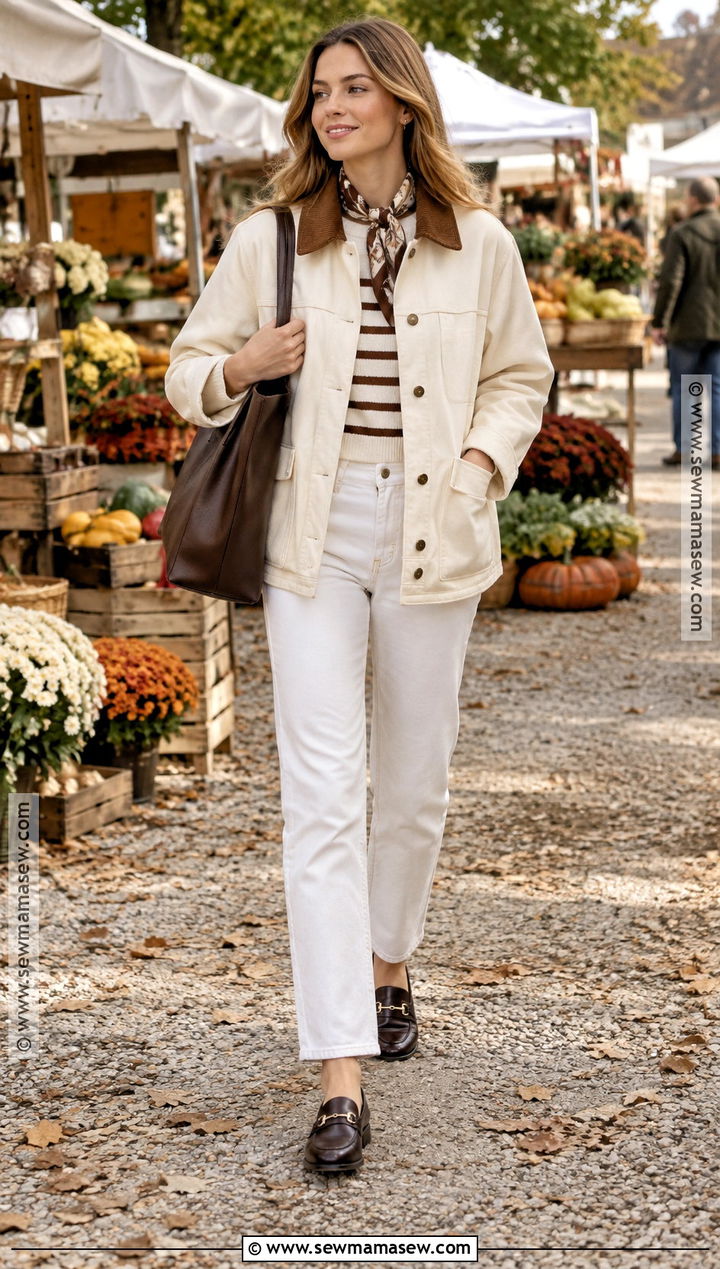 White Barn Jacket And Jeans Outfit - 20 white autumn outfit ideas