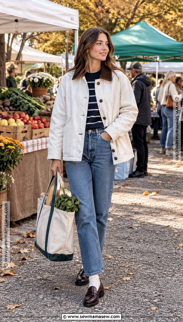 White Barn Jacket With Jeans And Loafers - 25 white fall outfit ideas