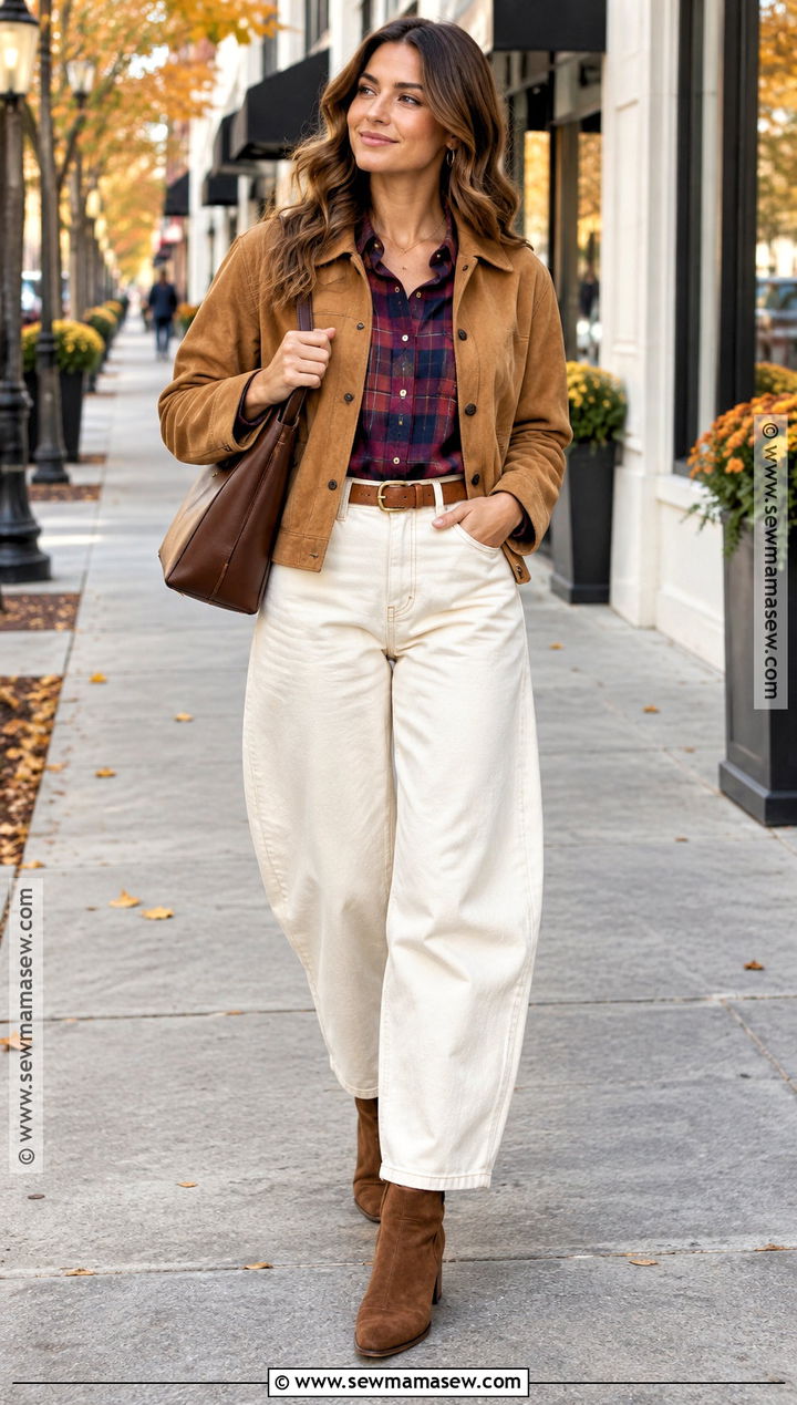 White Barrel Jeans With Plaid Shirt And Suede Boots - 20 Fall Barrel Jean Outfits