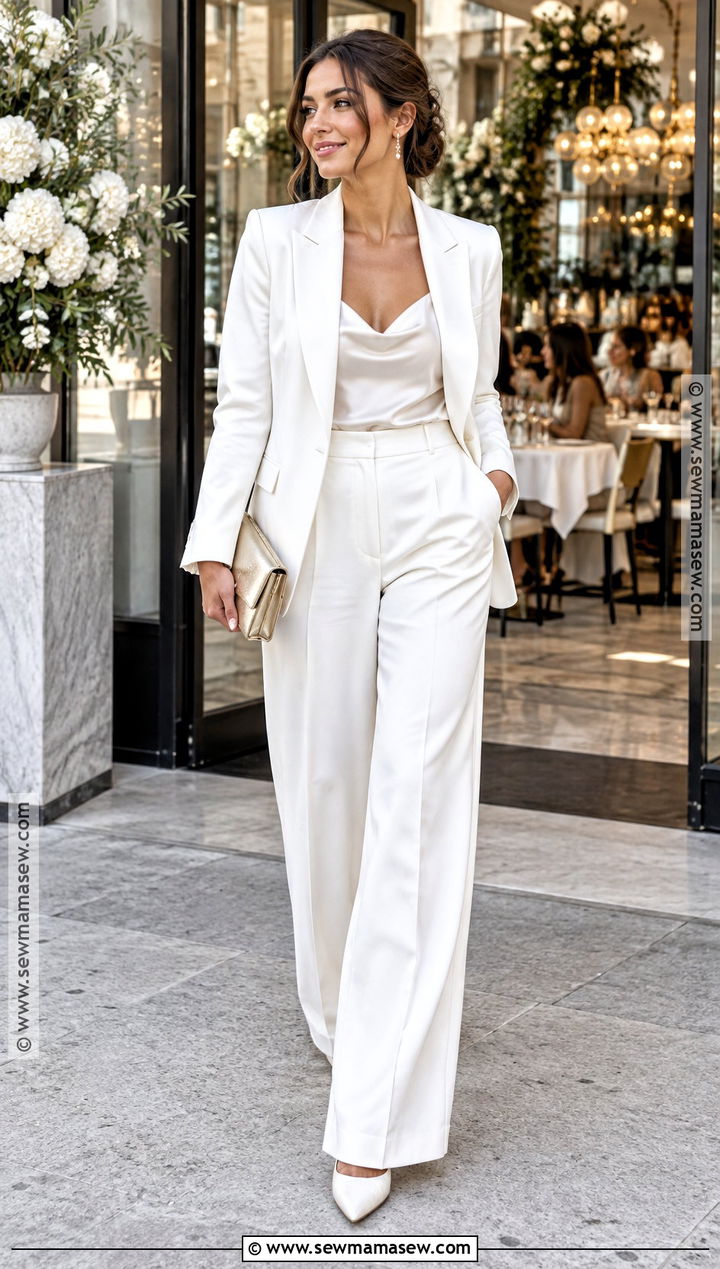 White Blazer And Trouser Fall Bridal Brunch Outfit - 15 Fall Bridal Brunch Outfit Ideas