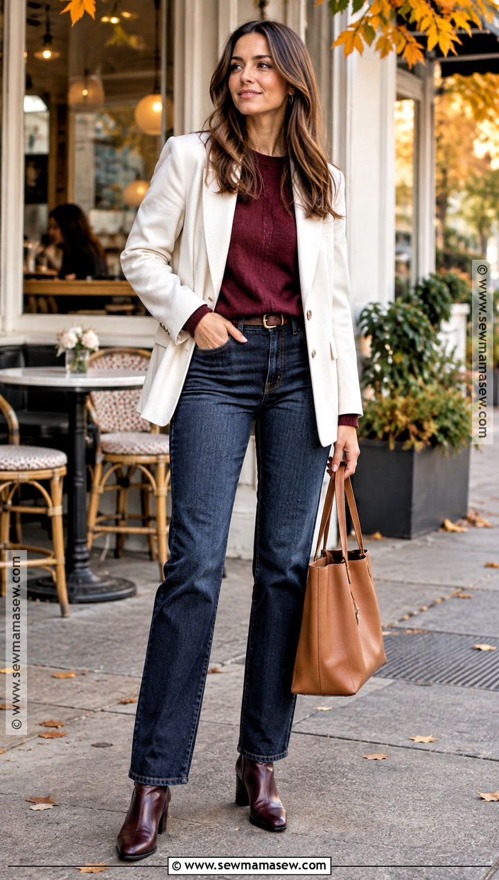 White Blazer With A Burgundy Sweater And Jeans - 15 white blazer autumn outfit ideas