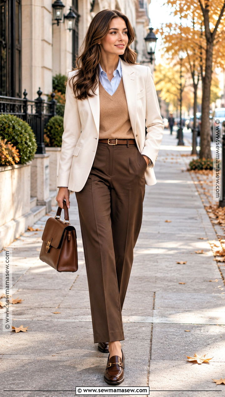 White Blazer With A Sweater Vest And Trousers - 15 white blazer autumn outfit ideas