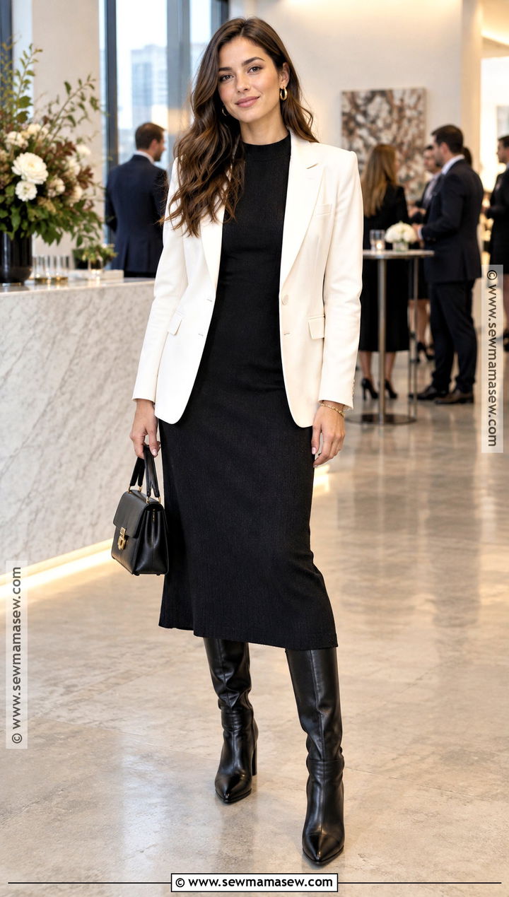 White Blazer With Black Midi Dress - 15 white blazer outfit fall ideas