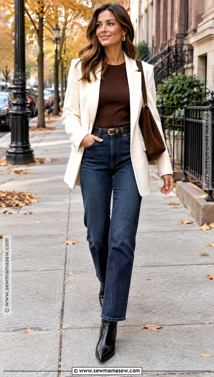 White Blazer With Dark Wash Jeans - 15 white blazer autumn outfit ideas