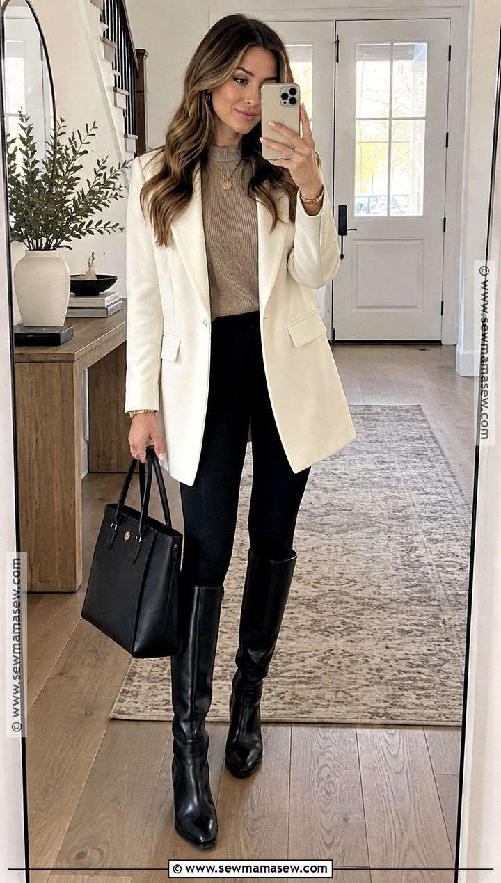 White Blazer With Sweater And Leggings - 15 white blazer outfit fall ideas