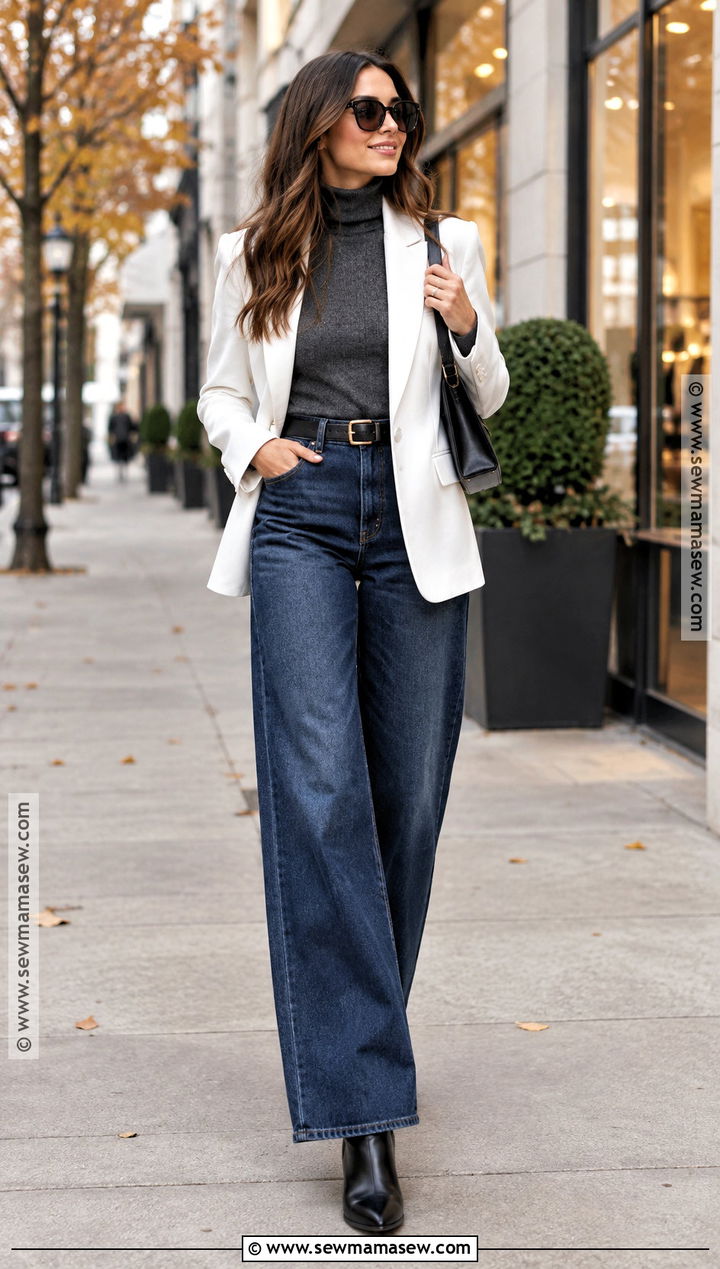 White Blazer With Wide Leg Jeans - 15 white blazer outfit fall ideas