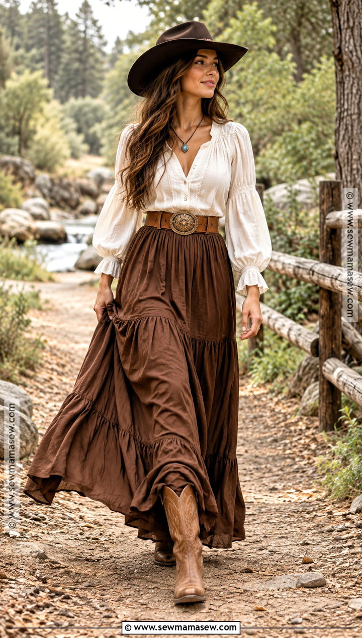 White Blouse And Brown Maxi Skirt Western Fall Outfit - 15 western fall photoshoot outfits