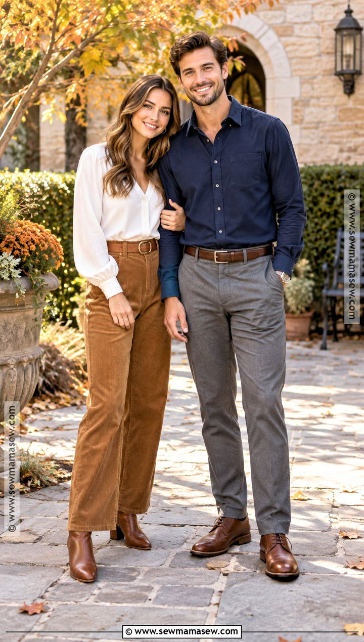 White Blouse And Corduroy Pants Engagement Outfit - 20 engagement photos fall outfit ideas