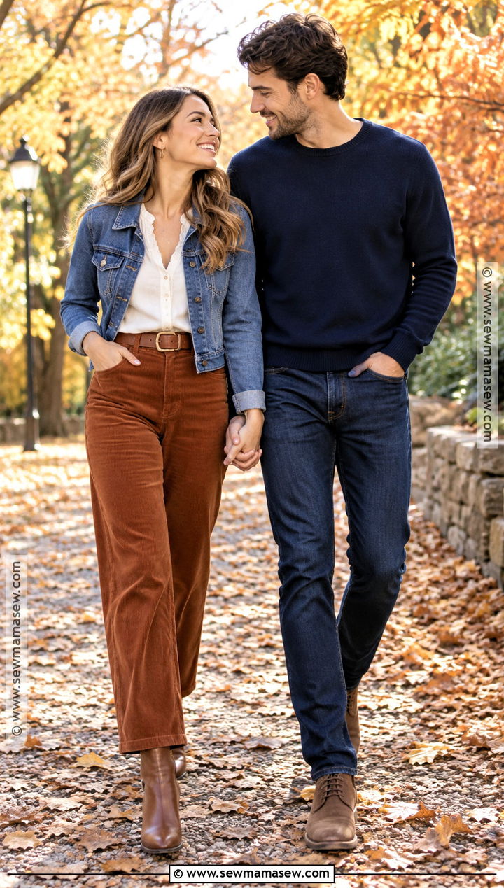 White Blouse And Corduroy Pants Engagement Outfit - 15 fall engagement photoshoot outfits
