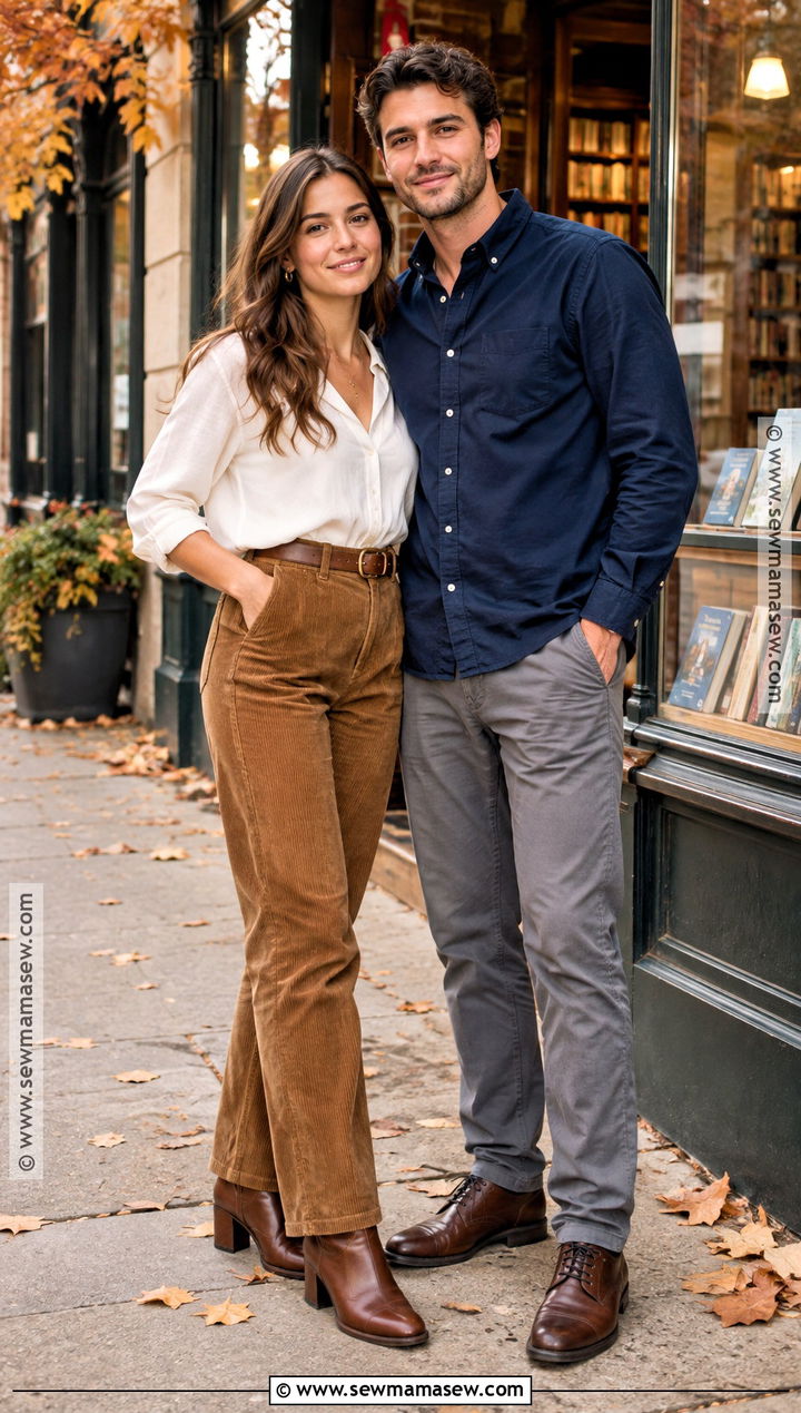 White Blouse And Corduroy Pants Engagement Photo Outfit - 15 engagement photo outfit ideas fall