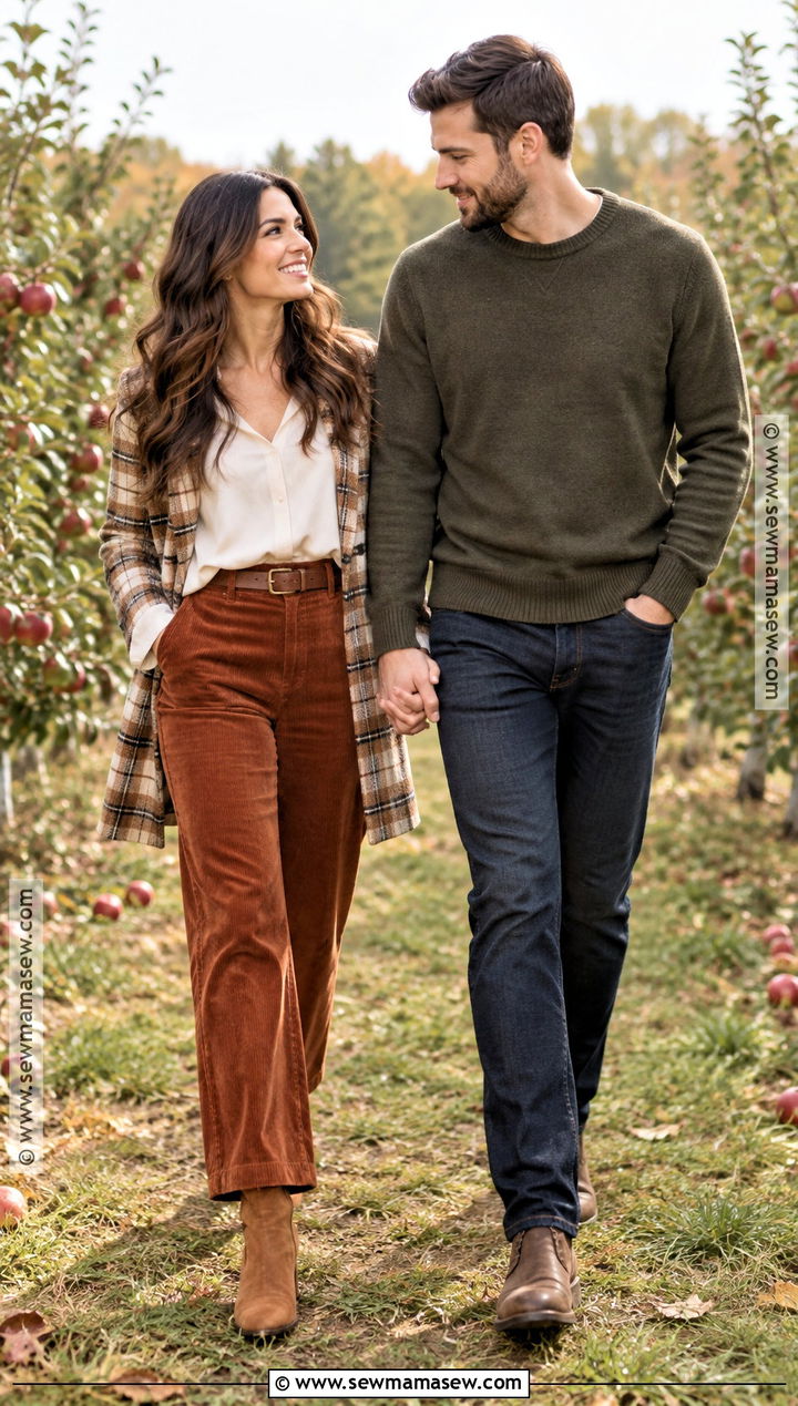 White Blouse And Corduroy Pants Fall Engagement Photo Outfit - 25 fall engagement photos outfits