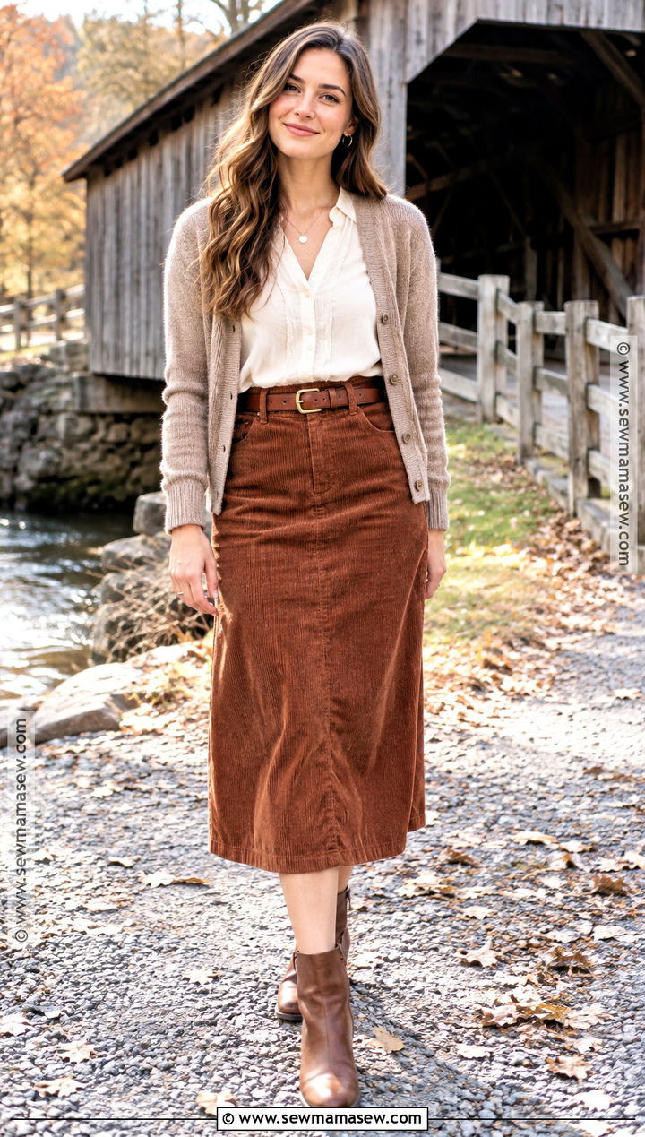 White Blouse And Corduroy Skirt Engagement Outfit - 15 engagement fall outfits